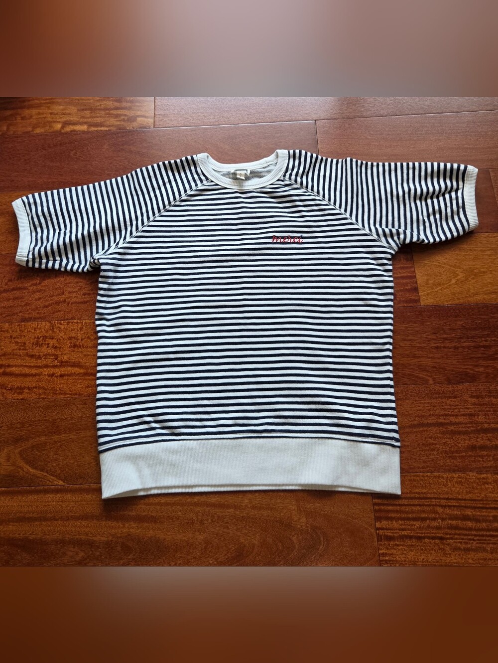 Striped Navy and White Short Sleeve Terri Sweatshirt with Red Accent